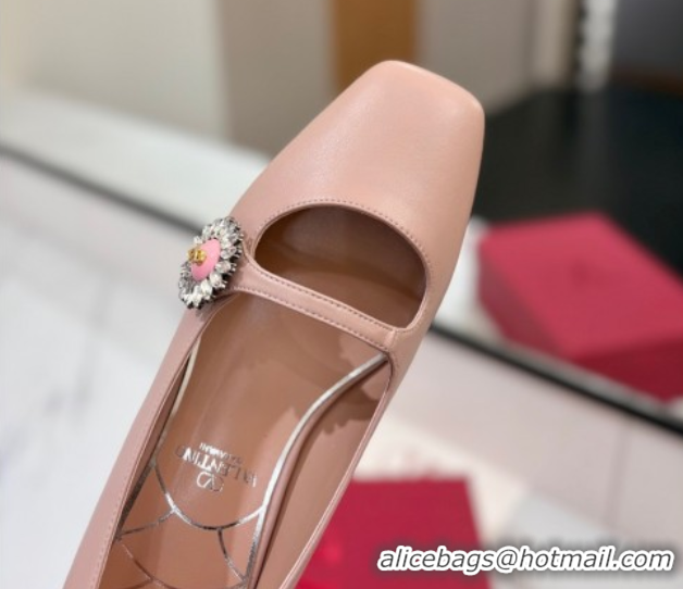 Best Grade Valentino Preshoes Mary-Jane Ballerinas Flat with Jeweled Button in Nappa Leather Light Pink 0821008 