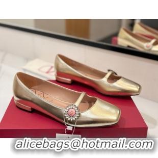 Best Product Valentino Preshoes Mary-Jane Ballerinas Flat with Jeweled Button in Nappa Leather Gold 0821009