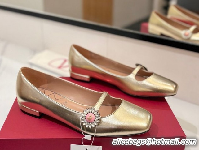 Best Product Valentino Preshoes Mary-Jane Ballerinas Flat with Jeweled Button in Nappa Leather Gold 0821009