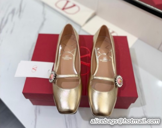Best Product Valentino Preshoes Mary-Jane Ballerinas Flat with Jeweled Button in Nappa Leather Gold 0821009