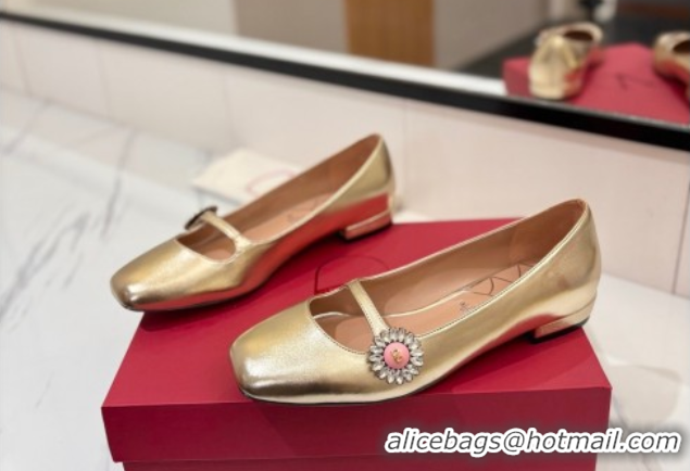 Best Product Valentino Preshoes Mary-Jane Ballerinas Flat with Jeweled Button in Nappa Leather Gold 0821009