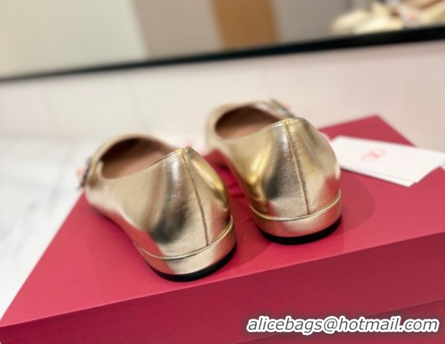 Best Product Valentino Preshoes Mary-Jane Ballerinas Flat with Jeweled Button in Nappa Leather Gold 0821009