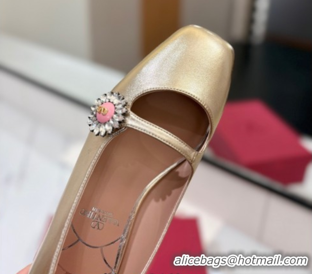 Best Product Valentino Preshoes Mary-Jane Ballerinas Flat with Jeweled Button in Nappa Leather Gold 0821009