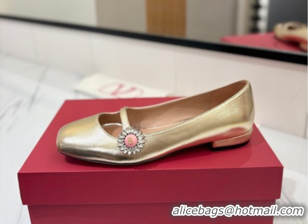 Best Product Valentino Preshoes Mary-Jane Ballerinas Flat with Jeweled Button in Nappa Leather Gold 0821009