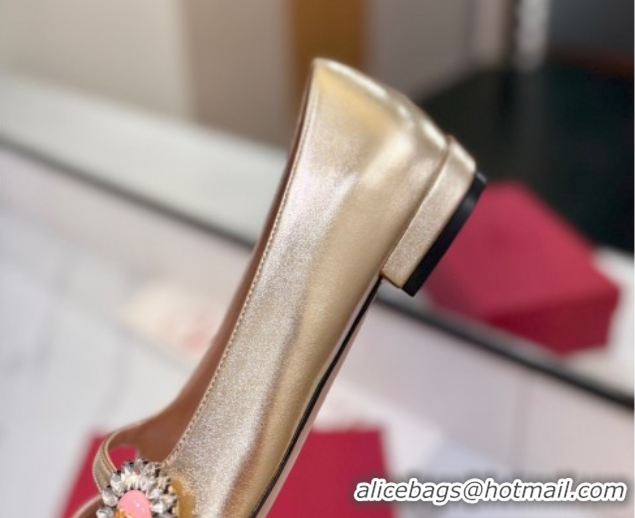 Best Product Valentino Preshoes Mary-Jane Ballerinas Flat with Jeweled Button in Nappa Leather Gold 0821009