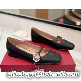 Pretty Style Valentino Preshoes Mary-Jane Ballerinas Flat with Jeweled Button in Nappa Leather Black 0821011