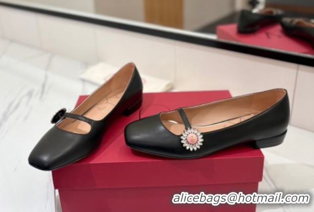 Pretty Style Valentino Preshoes Mary-Jane Ballerinas Flat with Jeweled Button in Nappa Leather Black 0821011