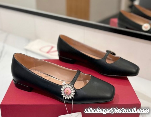 Pretty Style Valentino Preshoes Mary-Jane Ballerinas Flat with Jeweled Button in Nappa Leather Black 0821011