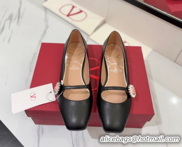Pretty Style Valentino Preshoes Mary-Jane Ballerinas Flat with Jeweled Button in Nappa Leather Black 0821011