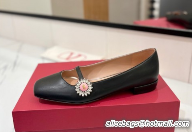 Pretty Style Valentino Preshoes Mary-Jane Ballerinas Flat with Jeweled Button in Nappa Leather Black 0821011