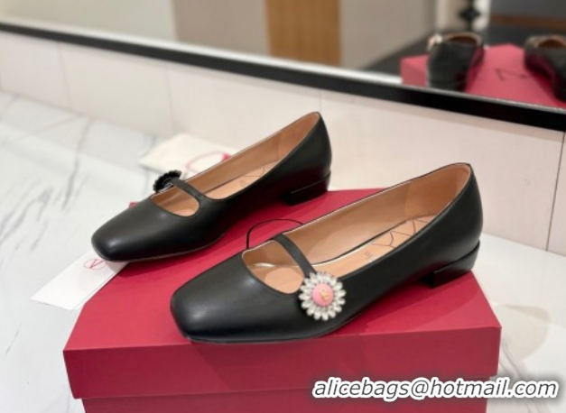 Pretty Style Valentino Preshoes Mary-Jane Ballerinas Flat with Jeweled Button in Nappa Leather Black 0821011