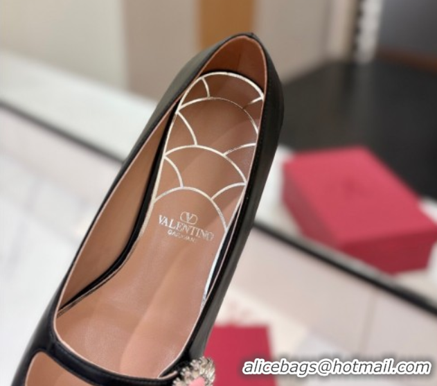 Pretty Style Valentino Preshoes Mary-Jane Ballerinas Flat with Jeweled Button in Nappa Leather Black 0821011