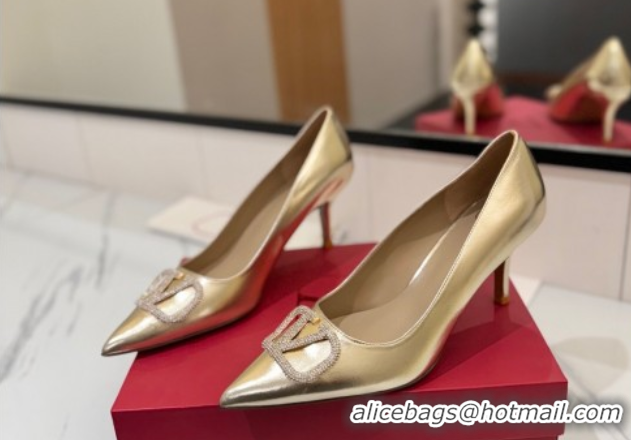 Low Price Valentino VLogo Signature Pumps 7.5cm in Calfskin Leather and Strass Gold VA082102