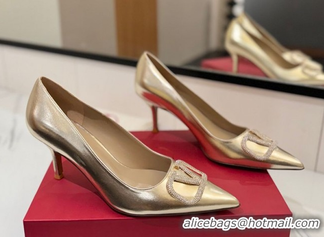 Low Price Valentino VLogo Signature Pumps 7.5cm in Calfskin Leather and Strass Gold VA082102