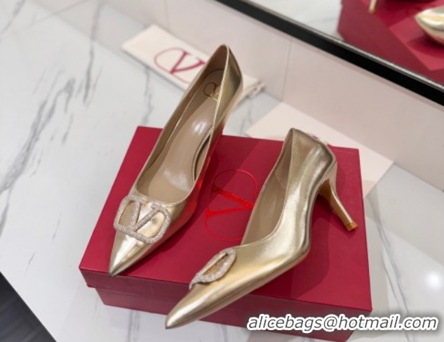 Low Price Valentino VLogo Signature Pumps 7.5cm in Calfskin Leather and Strass Gold VA082102
