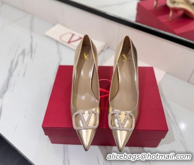 Low Price Valentino VLogo Signature Pumps 7.5cm in Calfskin Leather and Strass Gold VA082102