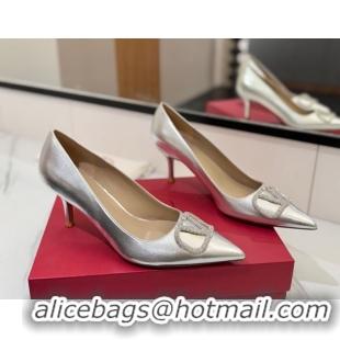 Good Looking Valentino VLogo Signature Pumps 7.5cm in Calfskin Leather and Strass Silver VA082102