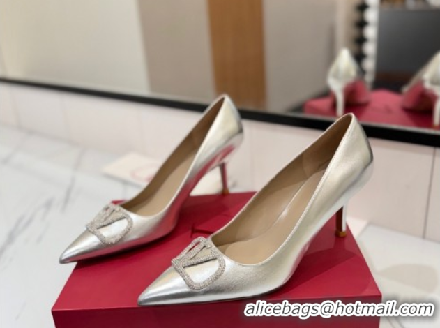 Good Looking Valentino VLogo Signature Pumps 7.5cm in Calfskin Leather and Strass Silver VA082102