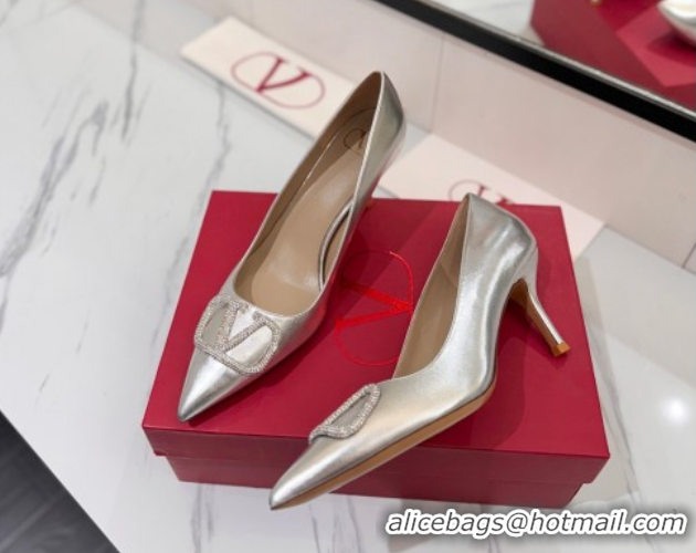Good Looking Valentino VLogo Signature Pumps 7.5cm in Calfskin Leather and Strass Silver VA082102
