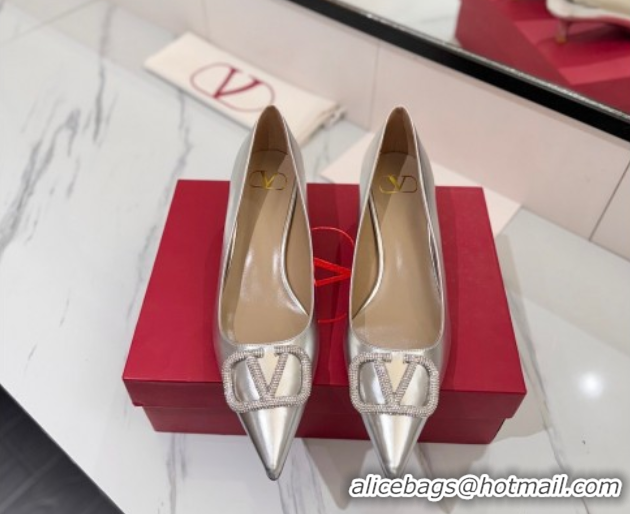 Good Quality Valentino VLogo Signature Pumps 4.5cm in Calfskin Leather and Strass Silver VA082102