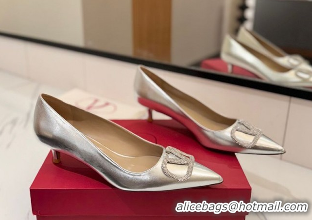 Good Quality Valentino VLogo Signature Pumps 4.5cm in Calfskin Leather and Strass Silver VA082102