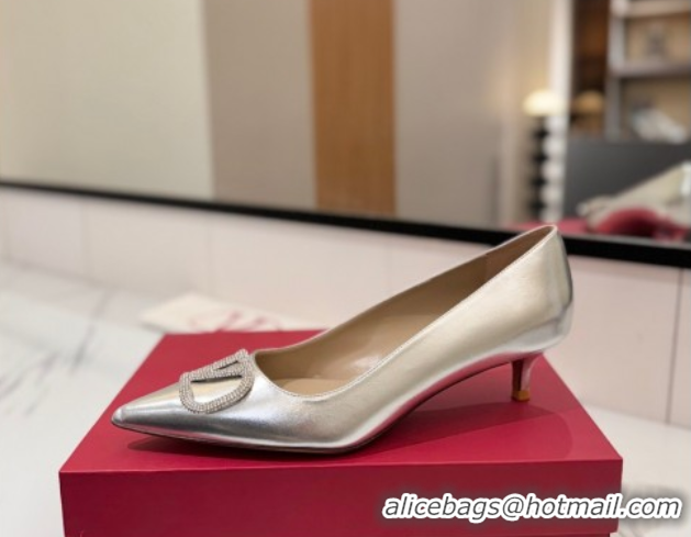 Good Quality Valentino VLogo Signature Pumps 4.5cm in Calfskin Leather and Strass Silver VA082102