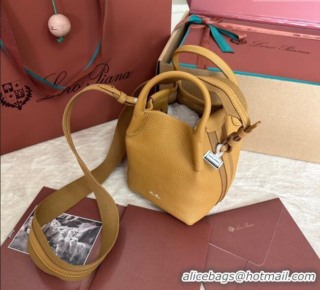 Luxury Discount Loro Piana Small Bale Bucket Bag in Grained Calfskin Leather 0925 Ginger Yellow 2025