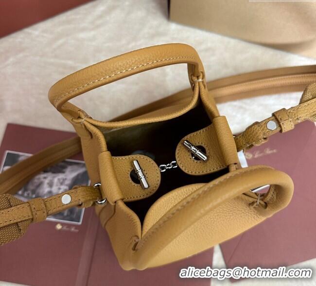 Luxury Discount Loro Piana Small Bale Bucket Bag in Grained Calfskin Leather 0925 Ginger Yellow 2025