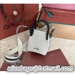 Grade Quality Loro Piana Small Bale Bucket Bag in Canvas Calfskin Leather 0925 White/Blue 2025