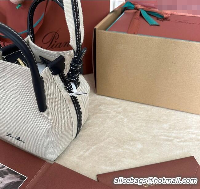 Grade Quality Loro Piana Small Bale Bucket Bag in Canvas Calfskin Leather 0925 White/Blue 2025