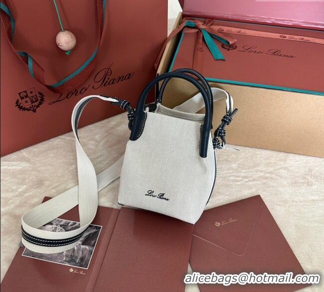 Grade Quality Loro Piana Small Bale Bucket Bag in Canvas Calfskin Leather 0925 White/Blue 2025