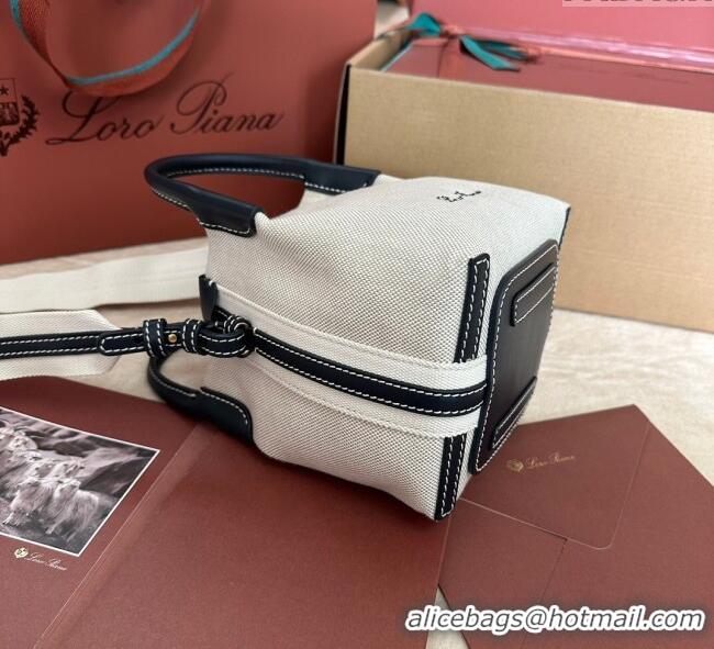 Grade Quality Loro Piana Small Bale Bucket Bag in Canvas Calfskin Leather 0925 White/Blue 2025