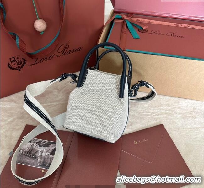 Grade Quality Loro Piana Small Bale Bucket Bag in Canvas Calfskin Leather 0925 White/Blue 2025