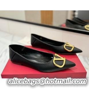 Good Product Valentino VLogo Signature Flat Shoes in Grained Calfskin Black VA082103