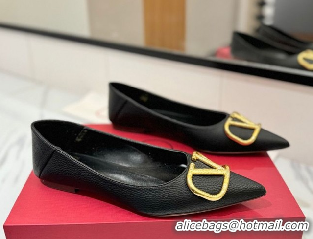 Good Product Valentino VLogo Signature Flat Shoes in Grained Calfskin Black VA082103
