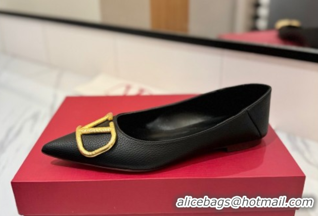 Good Product Valentino VLogo Signature Flat Shoes in Grained Calfskin Black VA082103