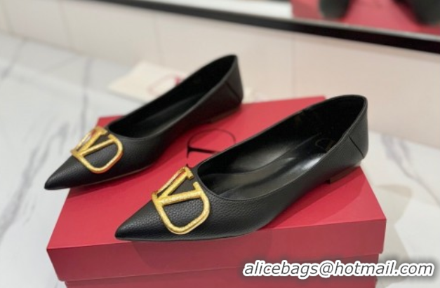 Good Product Valentino VLogo Signature Flat Shoes in Grained Calfskin Black VA082103