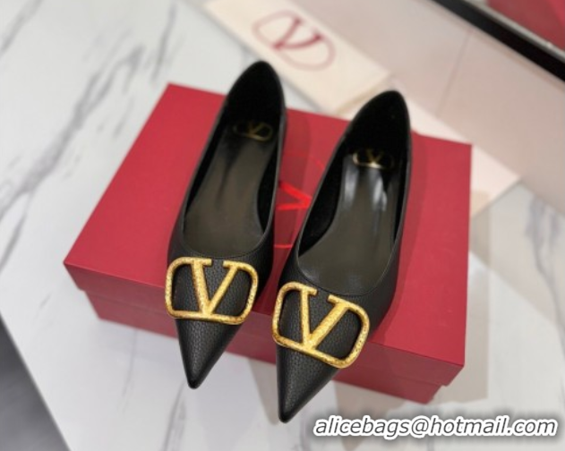 Good Product Valentino VLogo Signature Flat Shoes in Grained Calfskin Black VA082103