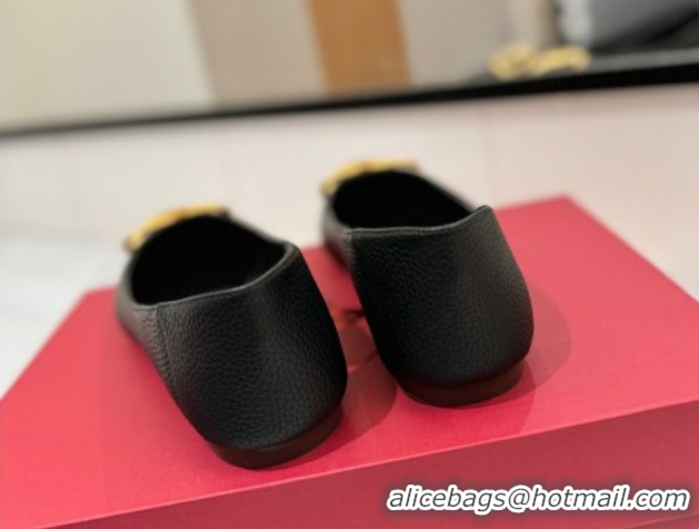 Good Product Valentino VLogo Signature Flat Shoes in Grained Calfskin Black VA082103