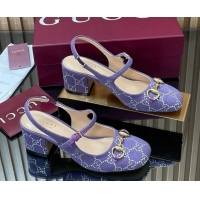 Buy Luxury Gucci Horsebit Mary Janes Slingback Pumps 5.5cm in Strass Denim Purple 2025 801893