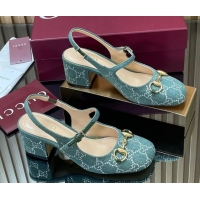 Classic Hot Gucci Horsebit Mary Janes Slingback Pumps 5.5cm in Strass Denim Green 2025 801893