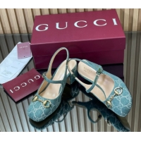 Classic Hot Gucci Horsebit Mary Janes Slingback Pumps 5.5cm in Strass Denim Green 2025 801893