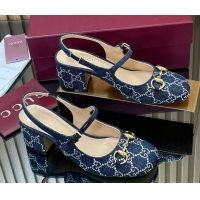 Unique Style Gucci Horsebit Mary Janes Slingback Pumps 5.5cm in Strass Denim Blue 2025 801893
