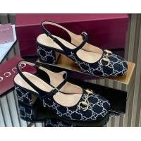 Buy Discount Gucci Horsebit Mary Janes Slingback Pumps 5.5cm in Strass Denim Black 2025 801893