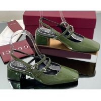 Low Price Gucci Patent Leather Slingback Pump 5.5cm with Strass GG Buckle Strap Green 0828010