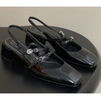 Best Grade Gucci Patent Leather Slingback Pump 5.5cm with Strass GG Buckle Strap Black 0828011