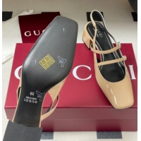 Buy New Cheap Gucci Patent Leather Slingback Pump 5.5cm with Strass GG Buckle Strap Beige 0828014