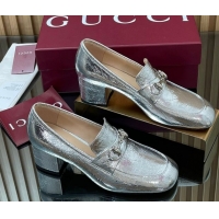 Low Price Gucci Loafer Pumps 5.5cm with Horsebit in Metallic Leather Silver 2025 832443