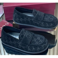 Luxury Discount Gucci GG Suede Flat Loafers Black 2025 GG082804