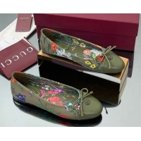 Expensive Gucci Flora Printed Ballet Flats Dark Green 840726